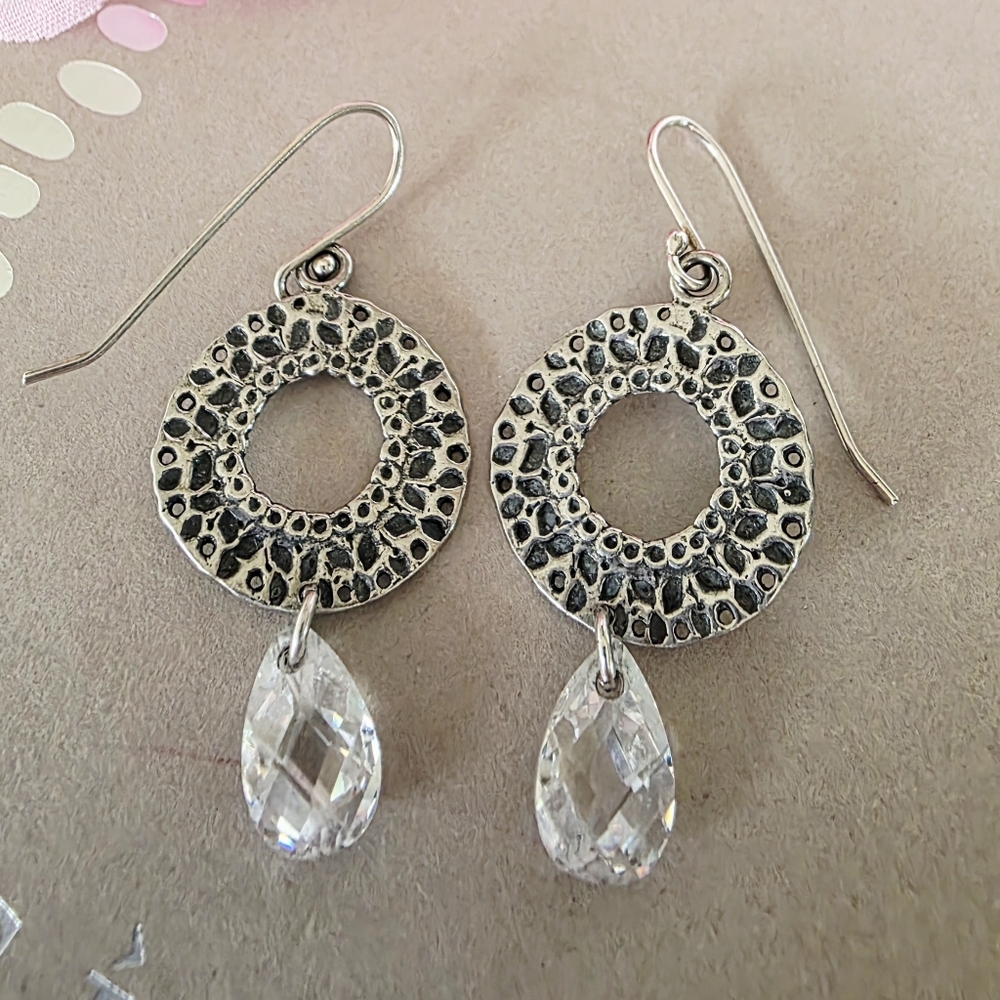 Silpada W1520 Sterling Silver Hammered Textured Crystal Dangle Earrings